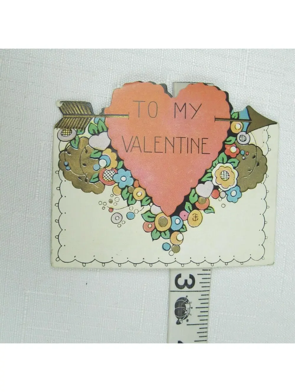 Vintage Valentine Die cut Fold Card Red Heart w/ Gold Arrow & Floral 1920s-30s